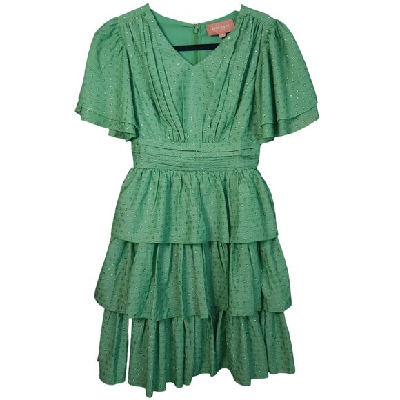 JESSAKAE Kelly Green Dress Peasant Tiered Ruffles Sparkly Fairycore Romantic XS - Picture 1 of 8